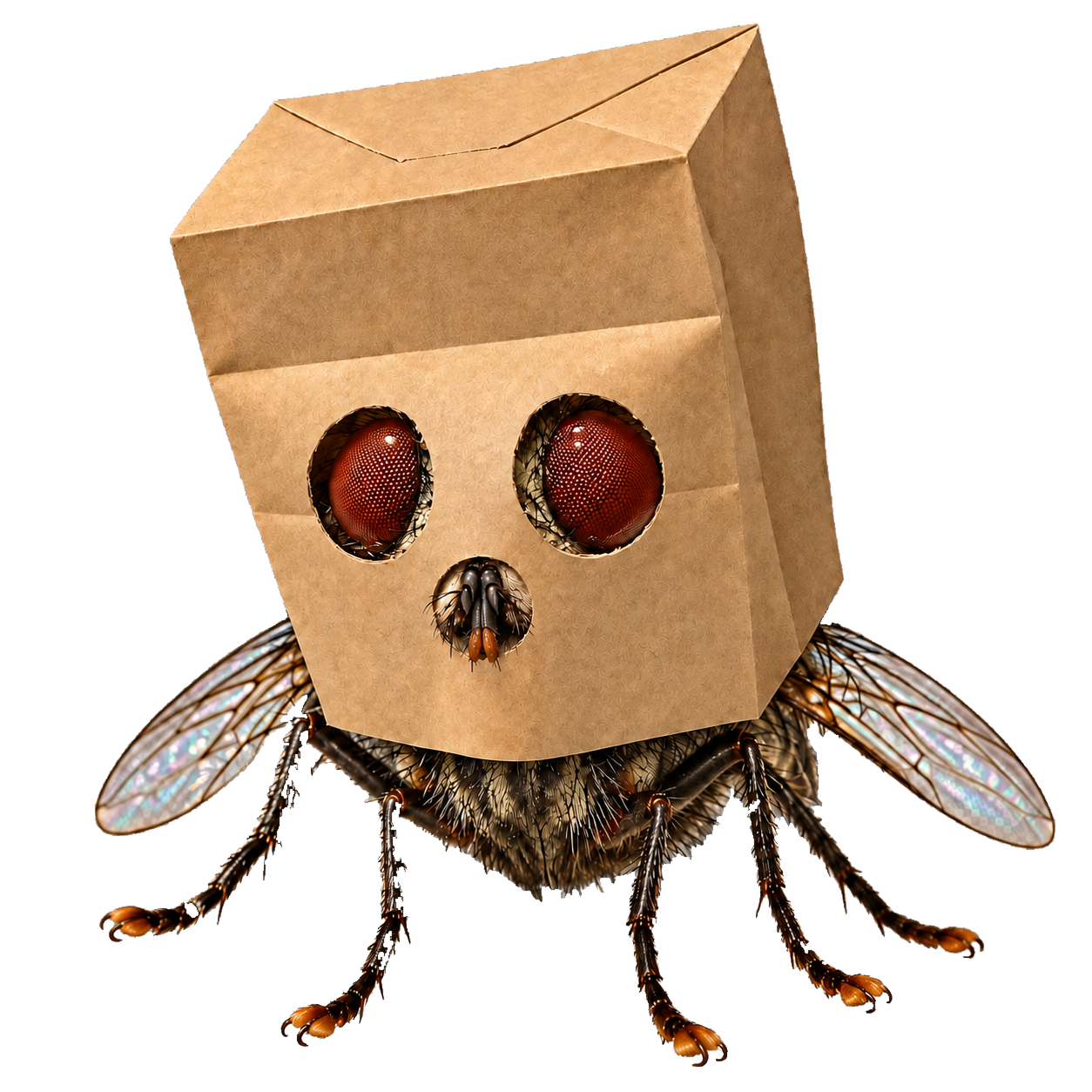 AnonymousFly: a fly wearing a paper bag mask