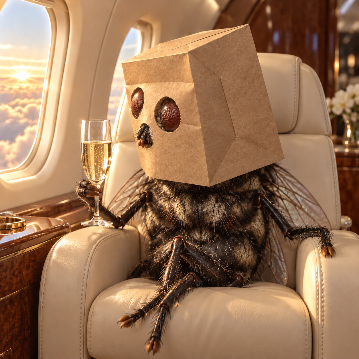 AnonymousFly wearing its paper bag mask in a luxury private jet cabin